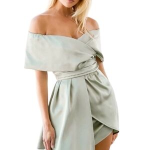 Lulu's Asymmetrical Off-Shoulder Sage Dress